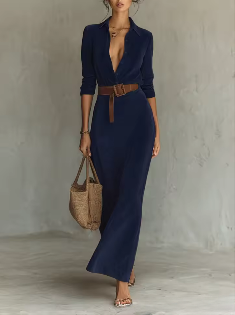Abito Maxi in Suede con Collo a Revers e Cintura per Donna